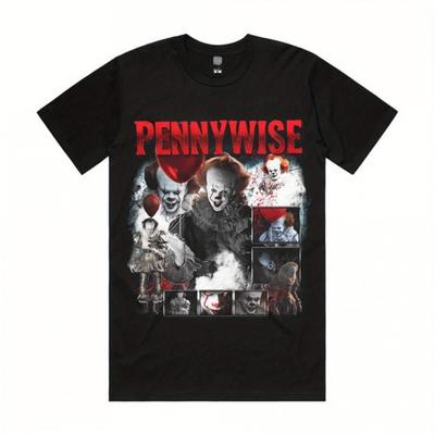 Pennywise Koszulka Graficzna z Horroru Czarna Unisex Casualowa Koszulka z Czerwono-Szarym Nadrukiem Postaci 100% Bawełna Regularny Krój dla Dorosłych