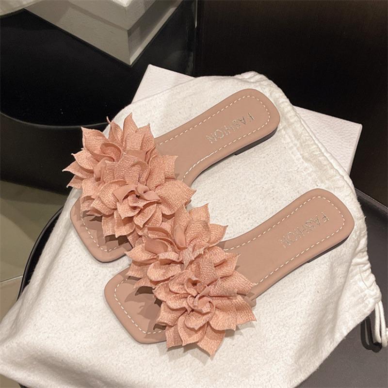 Casual Flat-bottomed Square-head Slippers Female Flower Lazy Person One Pedal Open-toe One-word Drag Beach Casual Women's Sandals