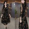 Women's Floral Chiffon Dress V-Neck Loog Sleeve Waist Tie Retro Elegant Midi Dress