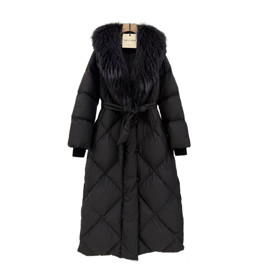 European winter new raccoon fur collar long down jacket women's knee waist thickened warm and thin jacket