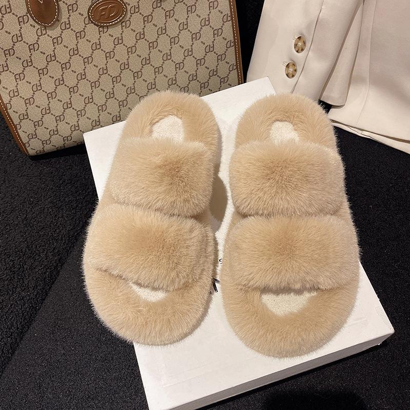 

2025 thick-bottomed fluffy slippers women s autumn and winter double-strip large-size flat-bottomed one-word thick-bottomed warm cotton mop 41 хакі