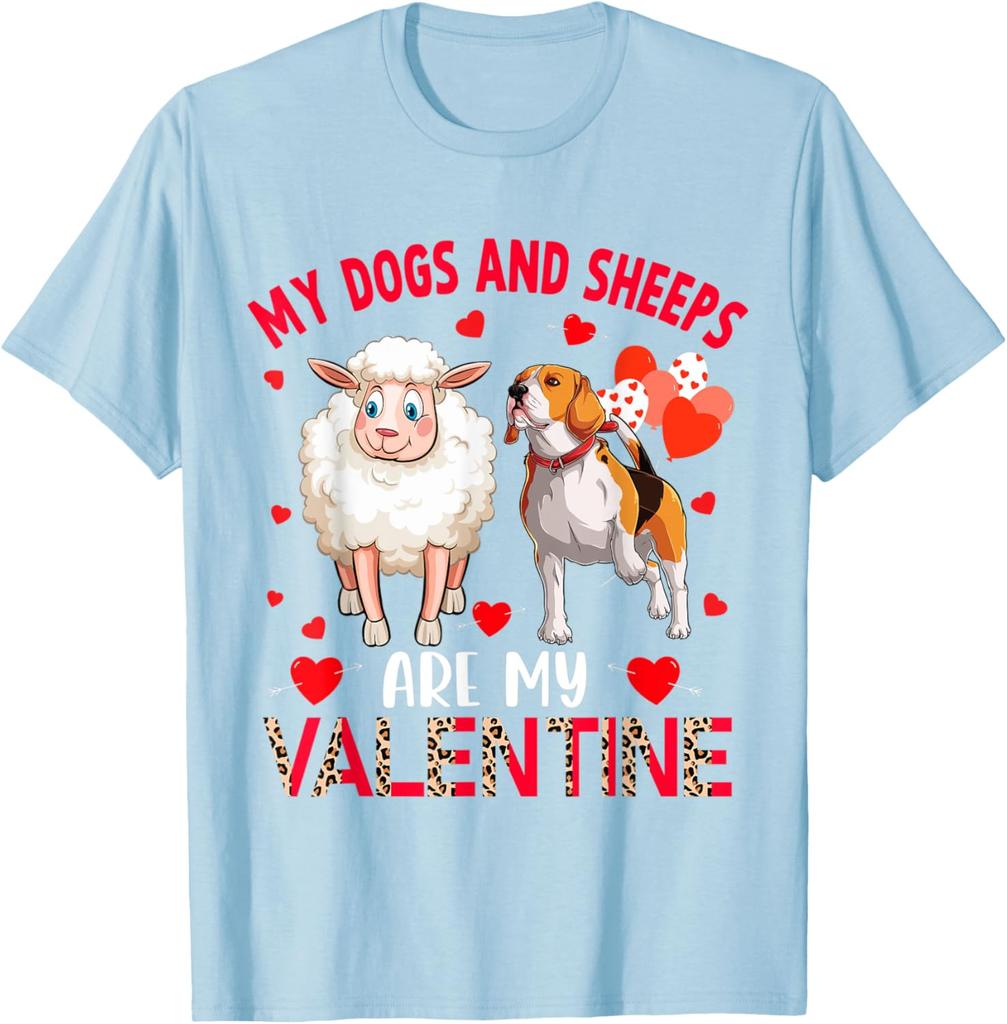 My Dogs And Sheeps Are My Valentine Beagle Sheep Graphic Tee Casual Cotton T-Shirt