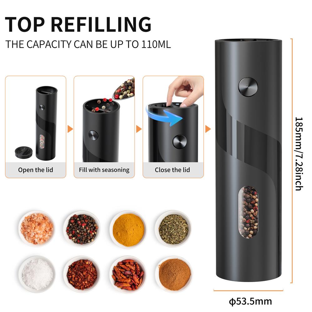 Electric Salt and Pepper Grinder Set Automatic Battery Powered Pepper Mills With 110ml Container Adjustable Coarseness Grinder