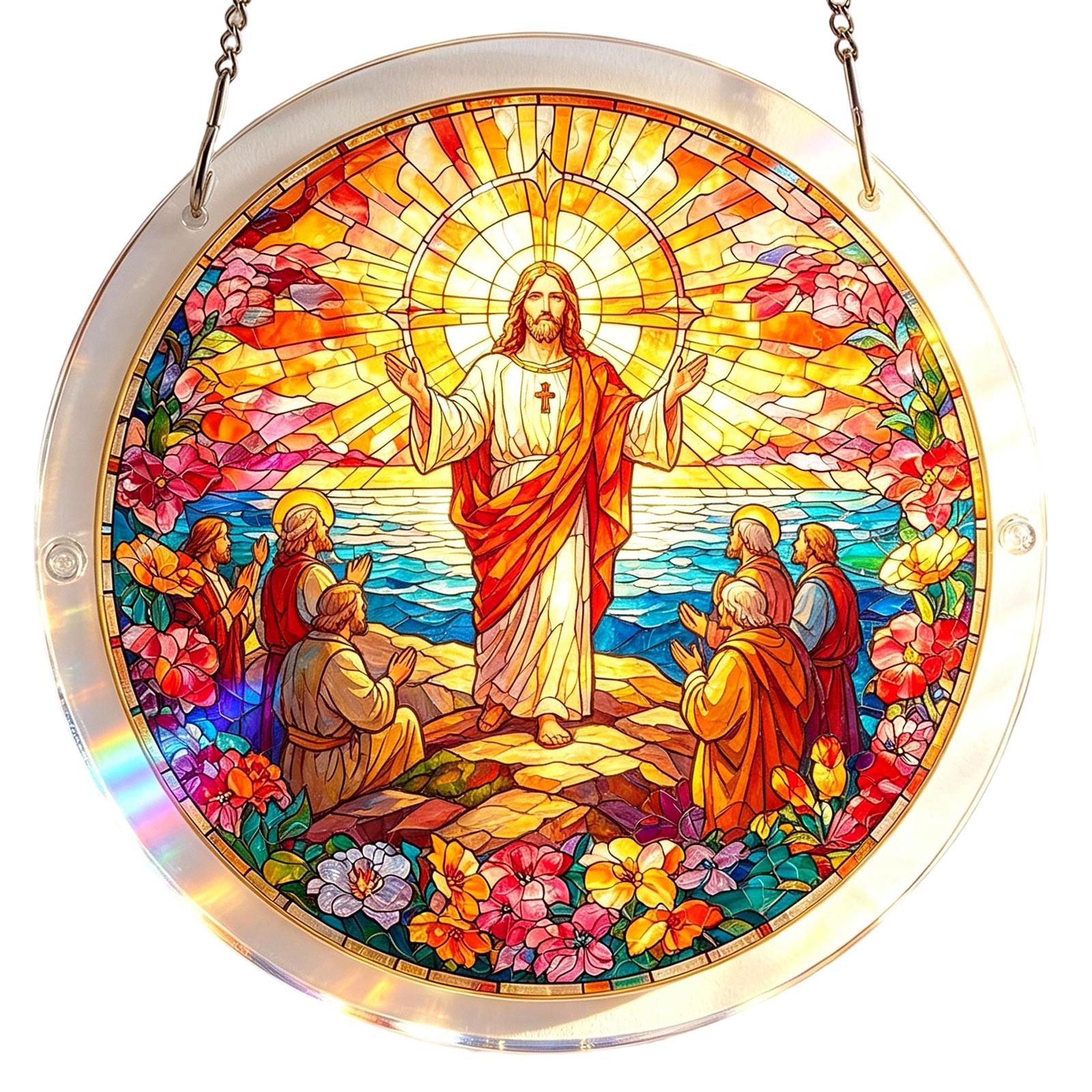

Round Stained Glass Sun Catcher Window Hanging Decorative Art with Floral and Radiant Light Design for Indoor Outdoor Use One Size