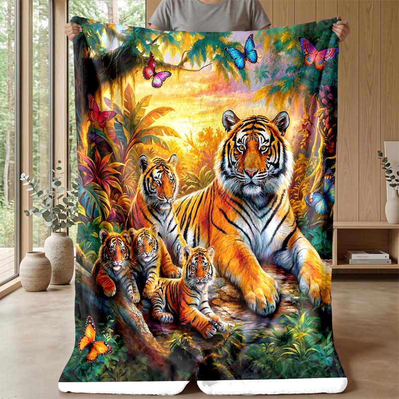 Tiger Family In Jungle 1 Theme Blanket Lightweight Warm Flannel Blanket Decorative Throw Blanket for Home Decoration