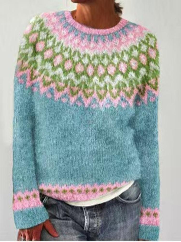 Color Block Round Neck Pullover Women's Fashion Long Sleeve Sweater Luxurious Loose Fit Slimming Versatile Casual Knit Top