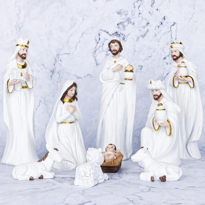 C90A Christmas Manger Decoration 9pcs/set Resin Statue Ornament Jesus Nativity Statue