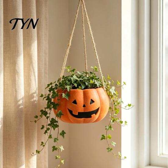 Durable Resin Planter Pumpkin Shaped Hanging Plant Pot, 4.3 Inch Lightweight Flower Adjustable Modern Aesthetic Room Accents Rope Mini Pots for Indoor