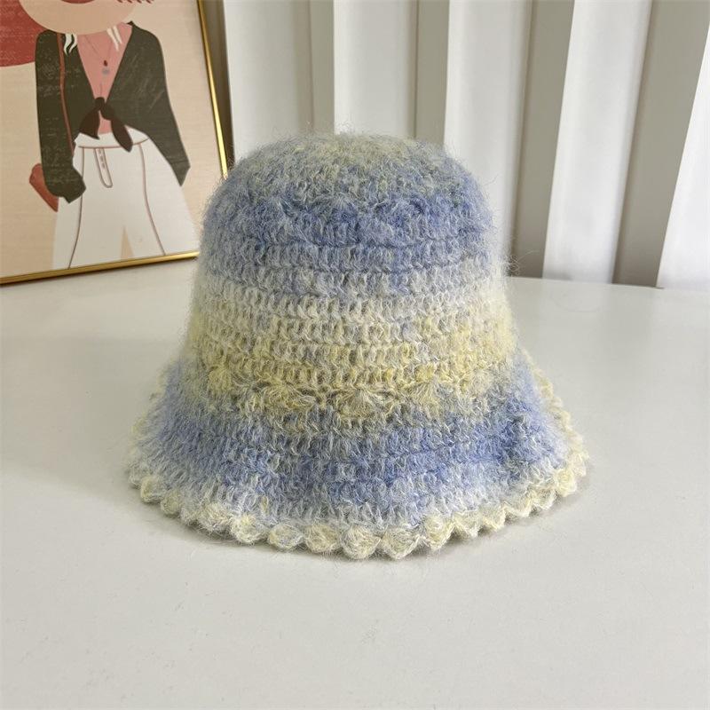 Wool Color Gradual Change Knitted Bucket Hat Women's Autumn and Winter Warm Face Small Ruffle Edge Wool Blend Basin Hat