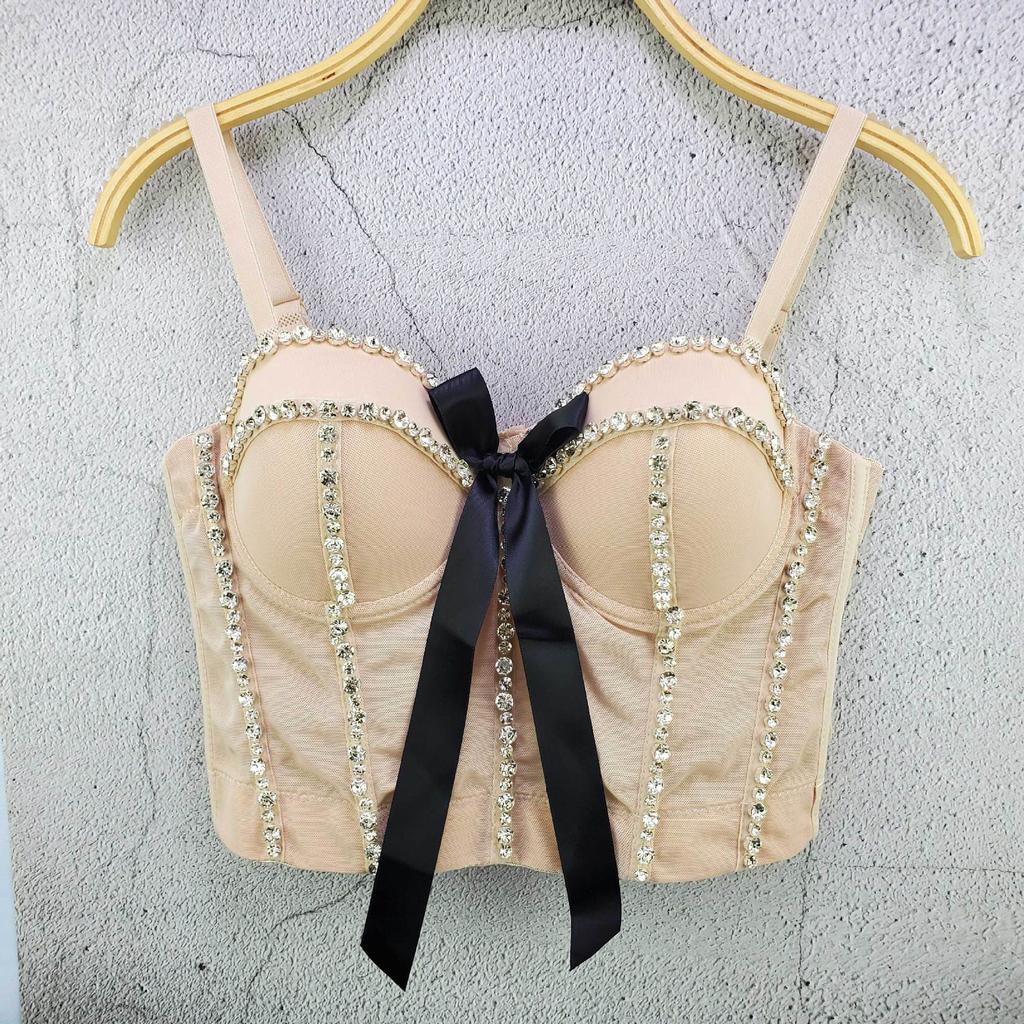 Elegant Beaded Rhinestone Bow Lace Strapless Tank Top Outerwear Sexy Elegant Design-oriented Short-sleeve Top for Women Camis & Tank Tops