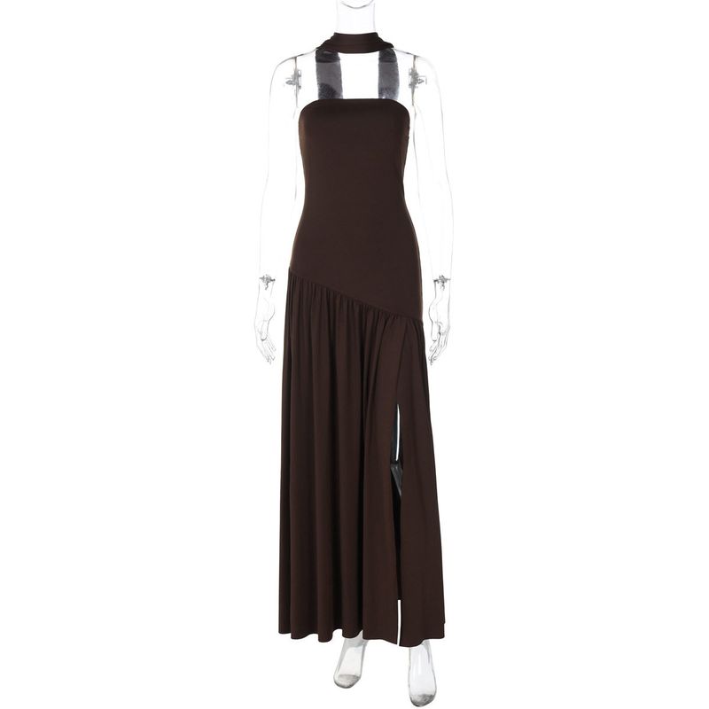 and American Cross-Border New Fashion Women's Clothing: Stylish and Elegant Strapless Slim-Fit Solid Color Slit Backless Dress with Elegant Ribbons