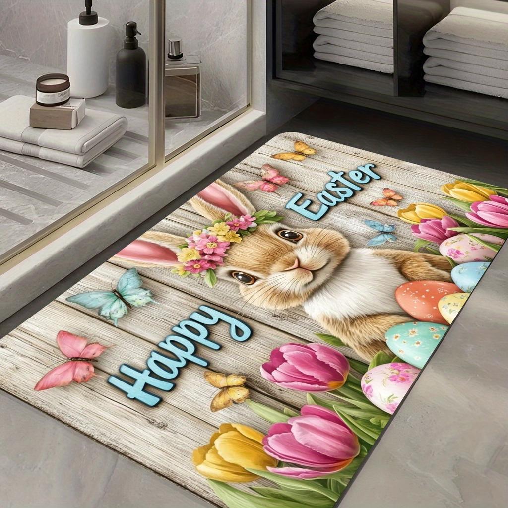 1Pcs Anti Fatigue Kitchen Rugs Easter Bunny Print Waterproof Non-Slip Thick Cushioned Kitchen Mat Heavy Duty Comfort Standing Mat for Kitchen