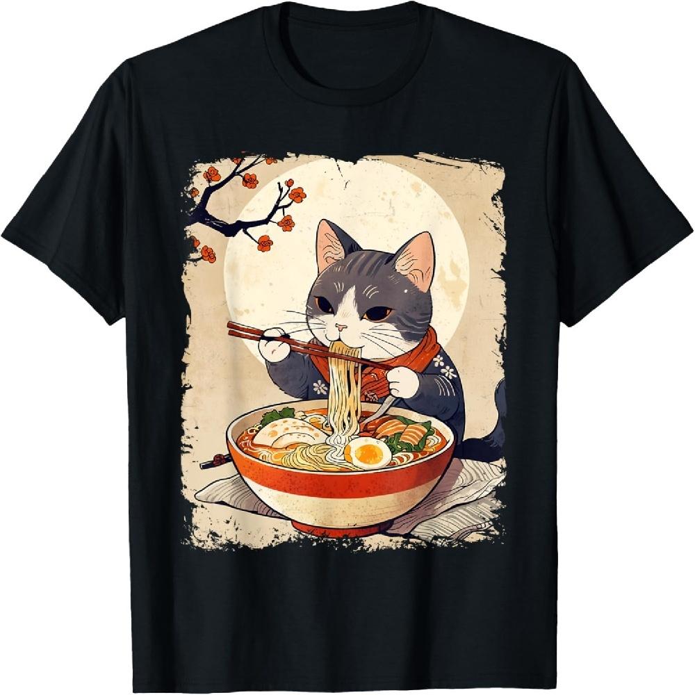 Kawaii Cat Eating Ramen Japanese Anime Ukiyo-e Funny Graphic T-Shirt S