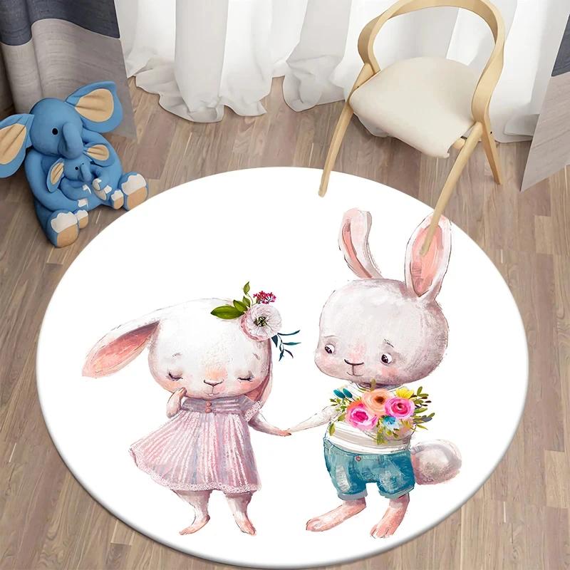 Cartoon Bunny Print Round Carpet Rabbit Area Rugs Circle Carpets for Living Room Floor Mat Polyester Anti-Slip Mats for Children