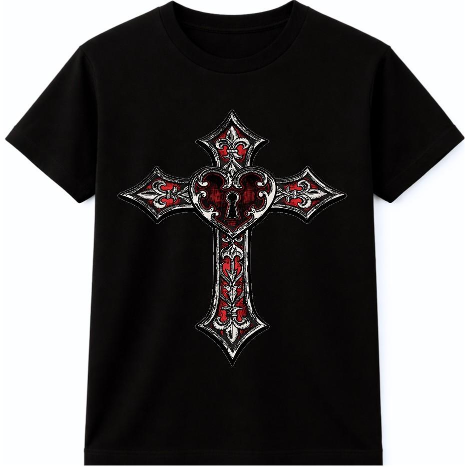 Gothic Cross T Shirt Heart Lock Keyhole Tattoo Style Religious Graphic Tee S