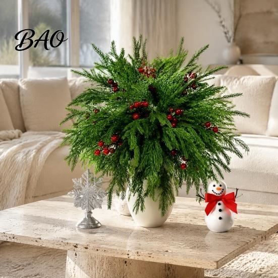 Lifelike Floral Decor for Gift 20Pcs Christmas Norfolk Pine Picks, Flocked Snow Branches with Indoor Decorative Plants Living Room Red Berries,