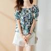 Summer New Women's Clothing Square Collar Fashion All-match Printing Shirt Ladies Korean Puff Sleeve Casual Sweet Style Blouses