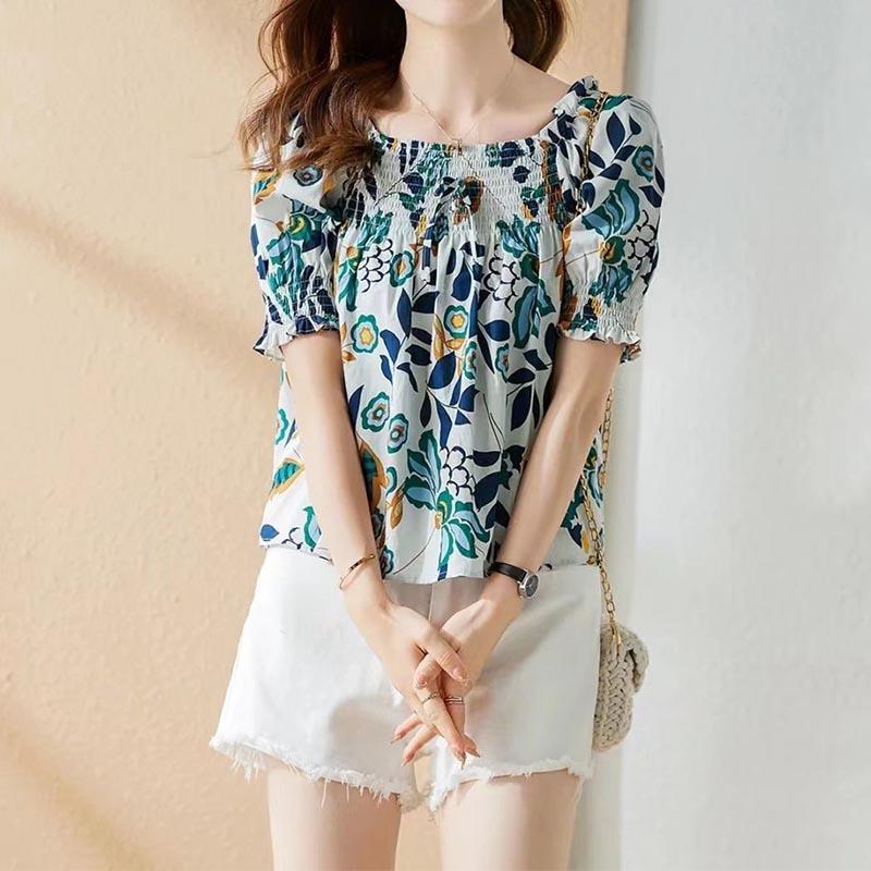 Sommer Neue Damenbekleidung Quadratischer Kragen Mode Allround-Druckhemd Damen Koreanisch Puffärmel Lässig Süßer Stil Blusen