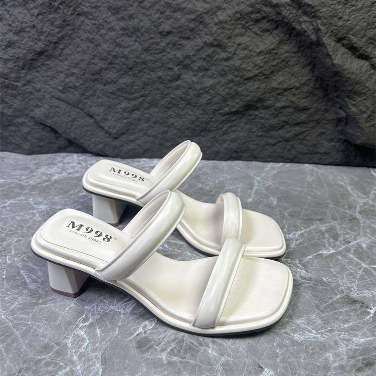 2025 Summer New Women's Shoes Casual High Heels Mid-heel Leak Toe Half-drag Sandals Pedal One-word Slippers Pedal