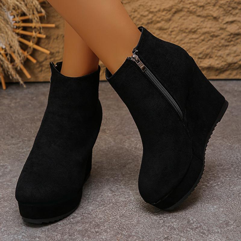 Fashion Black Wedge High Heel Ankle Boots Women Faux Suede Chunky Platform Boots Woman 2025 Plus Size 35-42 Zipper Short Booties Mujer