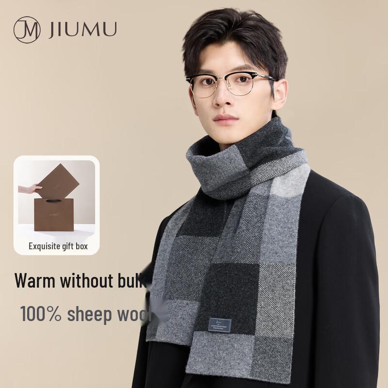 JIUMU Men's Pure Wool Plaid Scarf