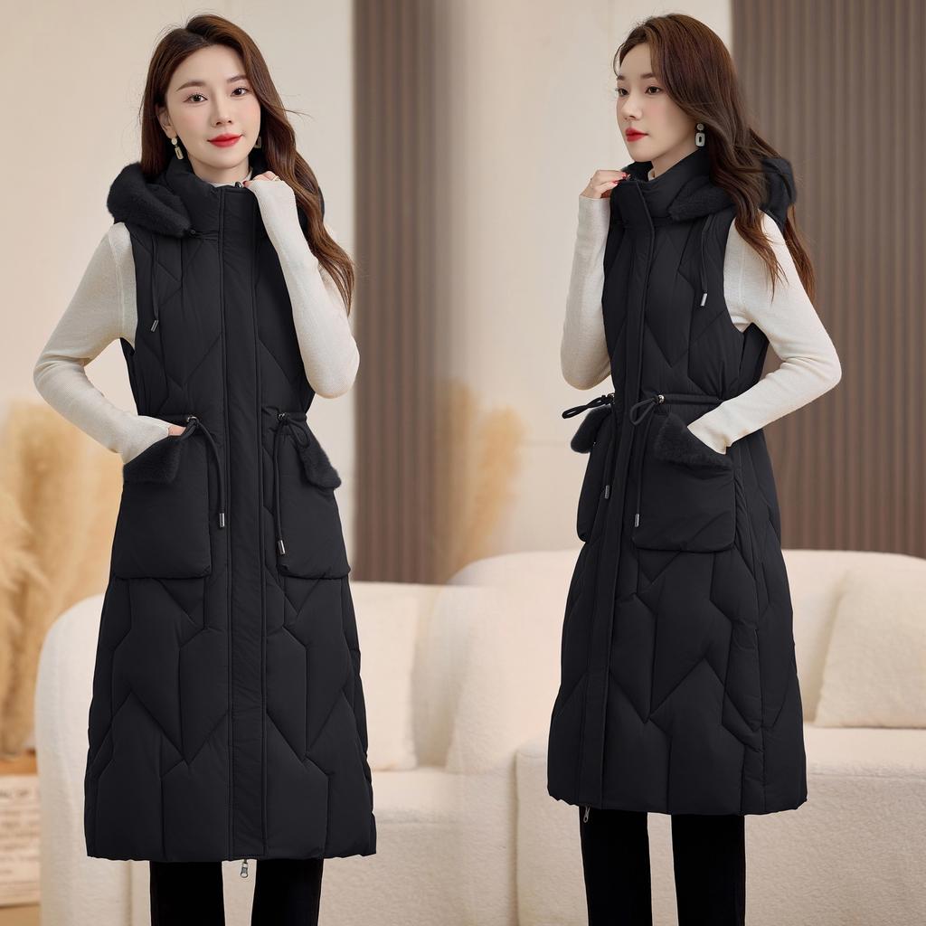 Winter new models wear thin down cotton vest on both sides women's medium and long cotton vest over the knee versatile outer wear cotton vest back