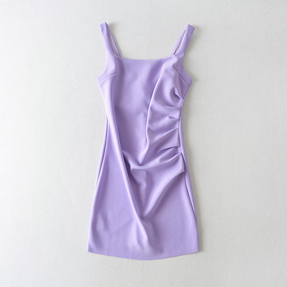 2025 Side Pleated Vest Dress, European And American Style Women'S New Solid Color Tight Strap Dress