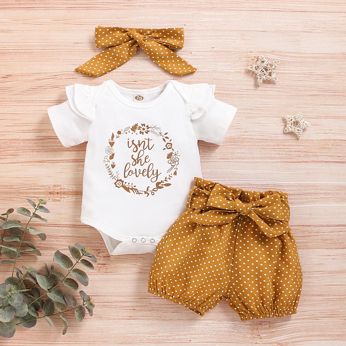 0-18 Maanden Pasgeboren Baby Meisjes Kleding Romper Stippen Broek met Elastische Tailleband Baby Hoofdband met Strik 3 STuks Schattige Casual Set 90 (6-12M) white