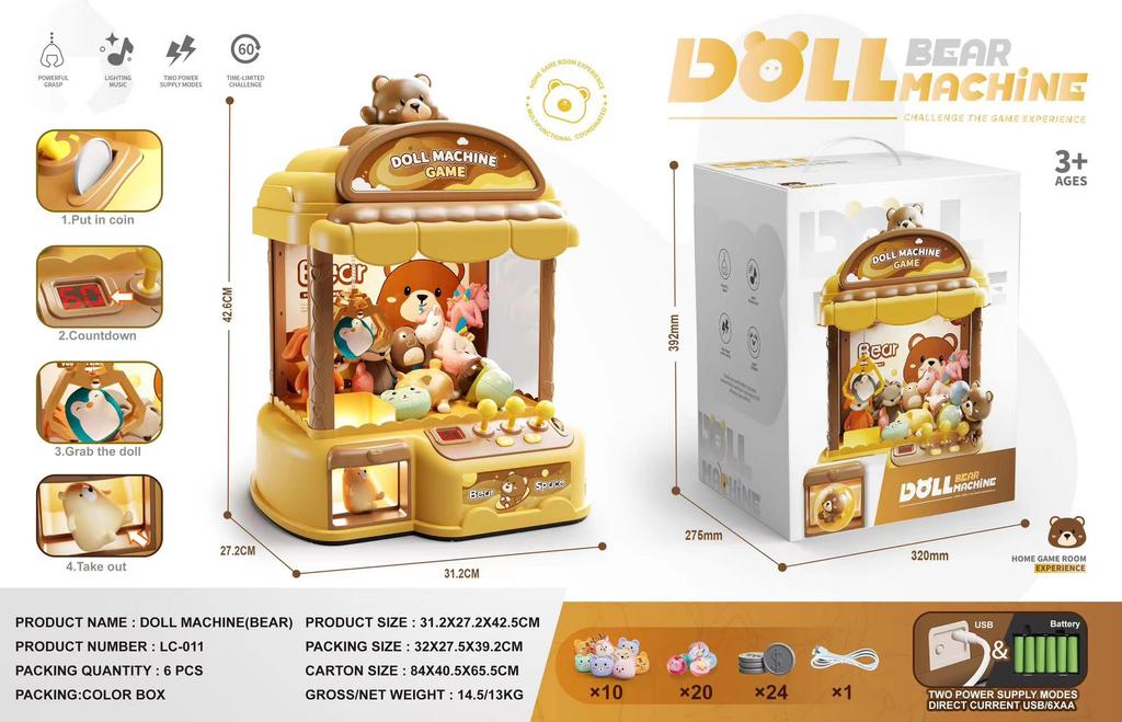 Kids Mini Claw Machine Toy - Manual Arcade Prize Dispenser with 10 Plush Dolls, Ideal Birthday Party Gift