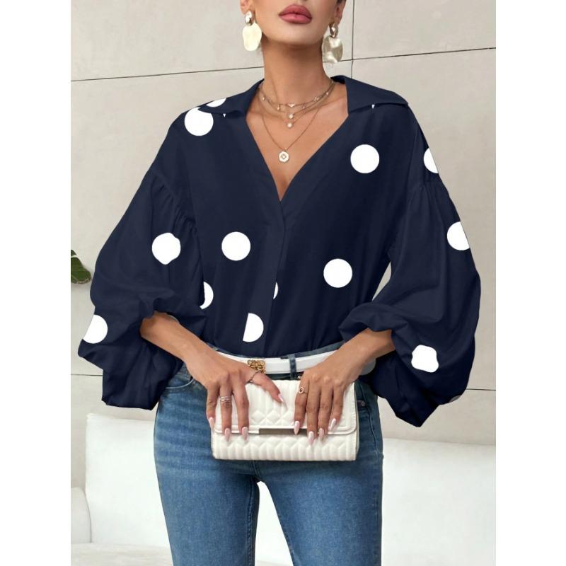 DAFIFY Mote Casual Vår Høst Polkadotter Trykk Langermet POLO Hals Bluser & Skjorter for Kvinner