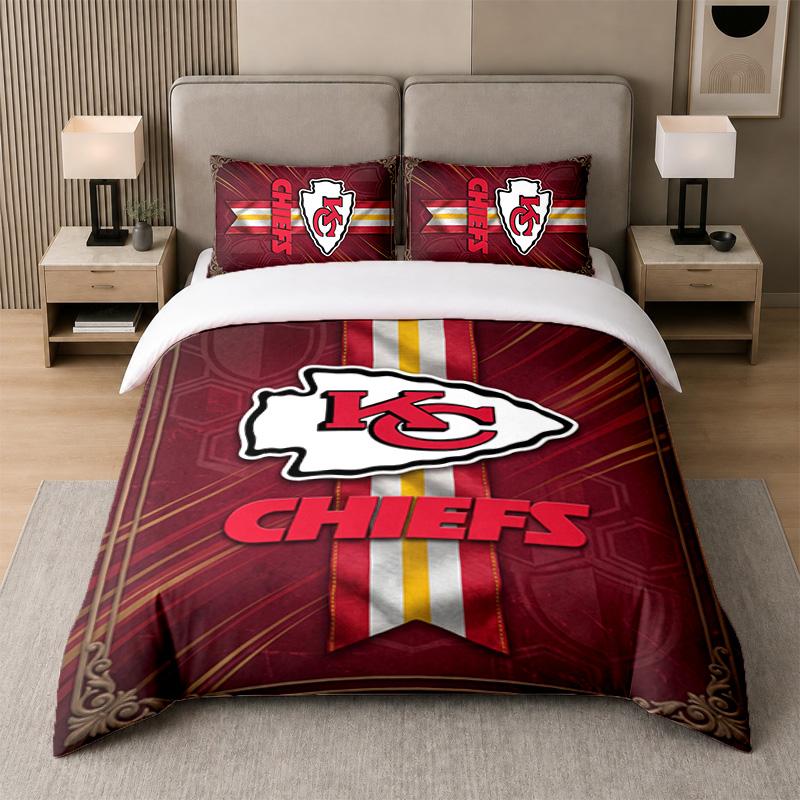 3Pcs Bedding SetKansas City Chiefs Soft Bed Sheet and Two Pillowcases Home Bedroom Decor
