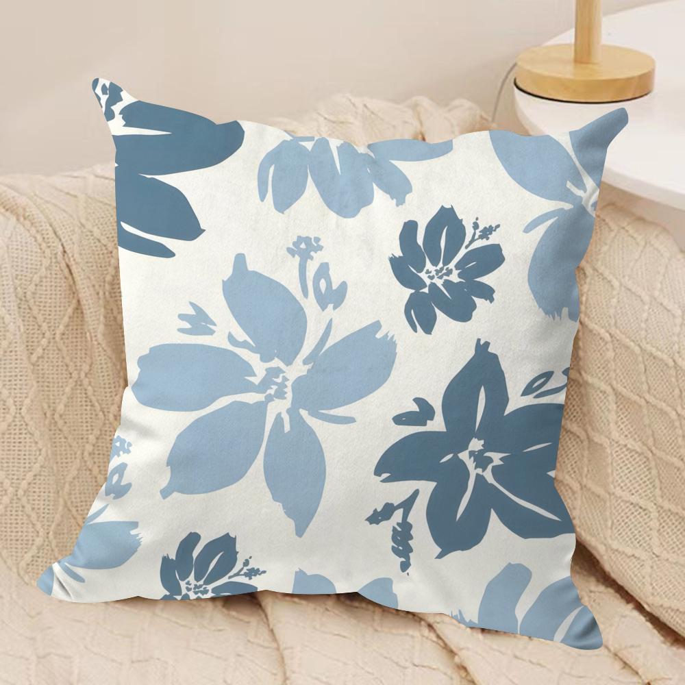 Elegant Blue Floral Cushion Cover Soft Plush Fabric DoubleSided Printed Sofa Cushion Cover for All Seasons Home Decor Gift