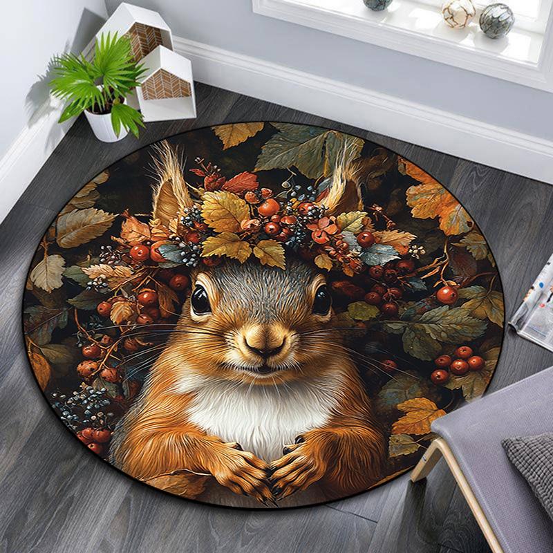 Herbst-Eichhörnchen Runder Teppich, Teppich für Wohnzimmer Schlafzimmer Sofa Spielzimmer Dekor, Rutschfeste Fußmatte