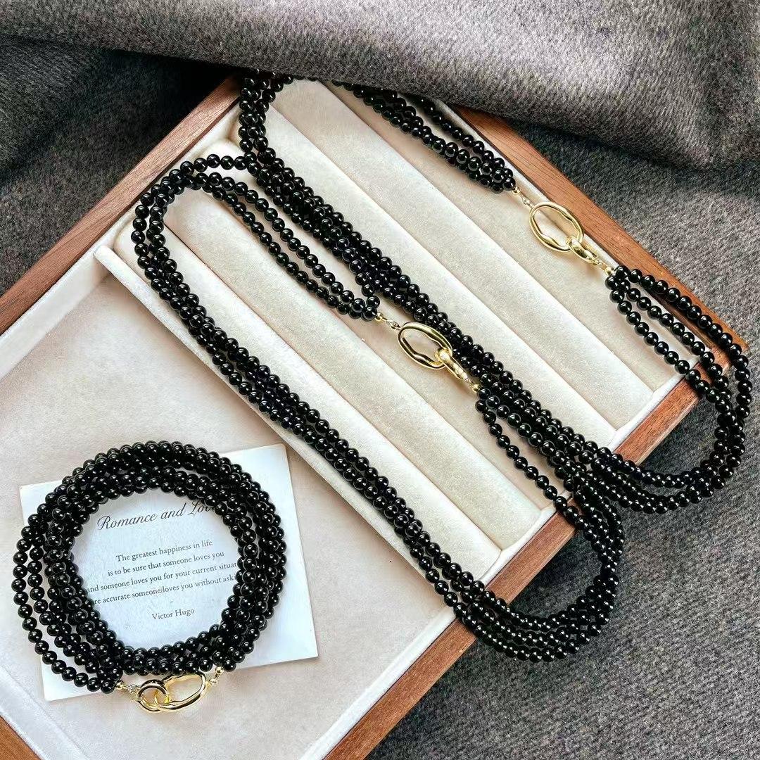

Retro High Quality Natural Black Agate Design Sense Multi-Layer Necklace Collarbone Chain Sweater Chain