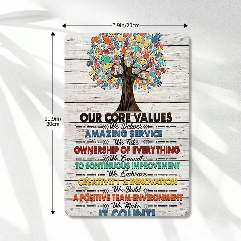 "Our Core Values" Metal Wall Art Sign 8"x12" - 1pc Rustic Vintage Inspirational Iron Plaque, Flat 2D Weather-Resistant Decorativ