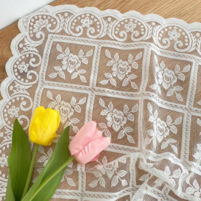 White Floral Lace Tablecloth with Grid Pattern French Vintage Coffee Table Home Decor