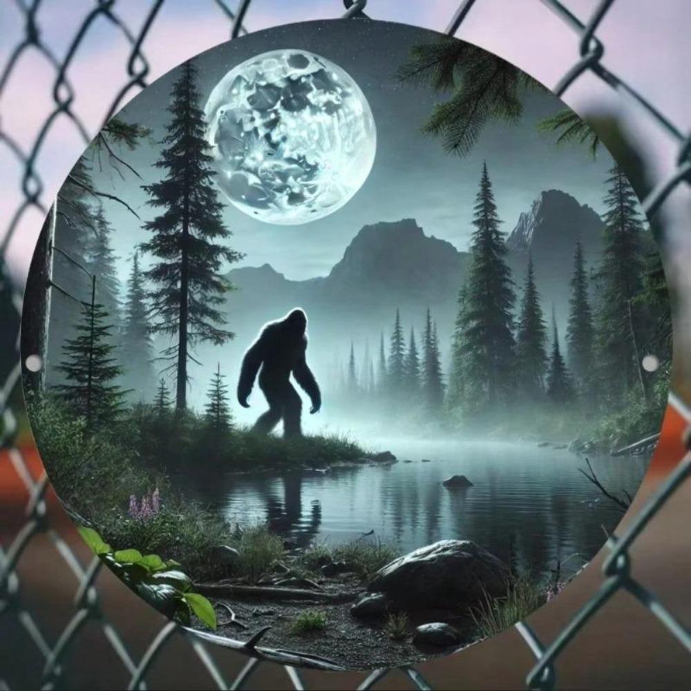 Vintage 2D Round Aluminum Sign Sasquatch Moonlight HD Print Waterproof Wall Art Decor
