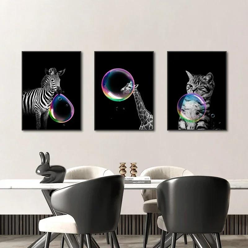 Black Cat with Colorful Bubbles Poster Cute Animal Giraffe Elephant Lion Posters and Prints Wall Arts Canvas Painting Home Decor