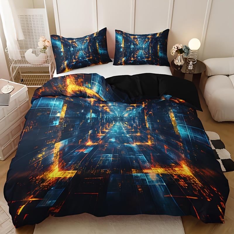 Tech Space Plaid Duvet Cover Set Breathable Polyester Machine Washable Perfect for All Seasons High-definition Print Bedding Set