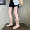 Cowhide~ Grape Mom same lapel pleated piled boots pointed mid-length western cowboy boots women's new autumn and winter models