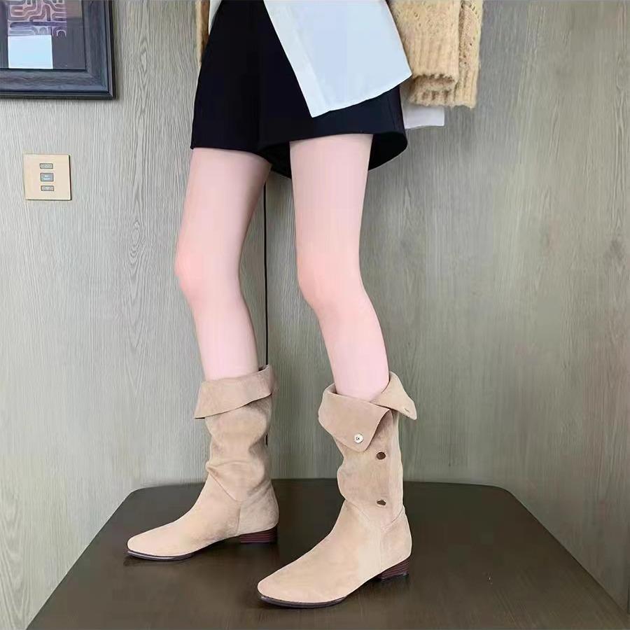 Cowhide~ Grape Mom same lapel pleated piled boots pointed mid-length western cowboy boots women's new autumn and winter models