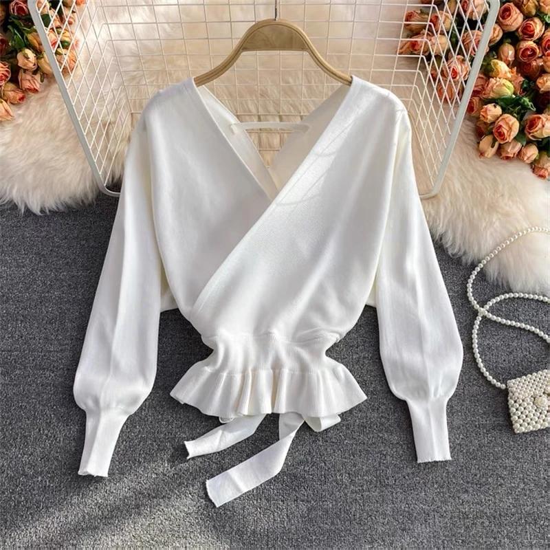 Office Lady Solid Color Tops Autumn Winter Sexy V-neck Back Strap Pullover Women Elegant Fashion Sweater Loose Clothes  28267