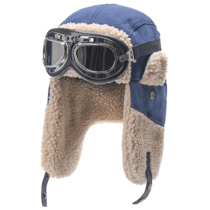 Unisex Windproof Winter Hat With Goggles Cover Warm Fleece-Lined Canvas Cap Skiing Hiking Outdoor Activities