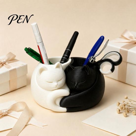 Decorative Makeup Brush Holder 3D Printed Cat Pen Holder, Cute Sleeping Kitty Stationery Organizer, 2-in-1 Modern Desk Storage for Brushes Desktop