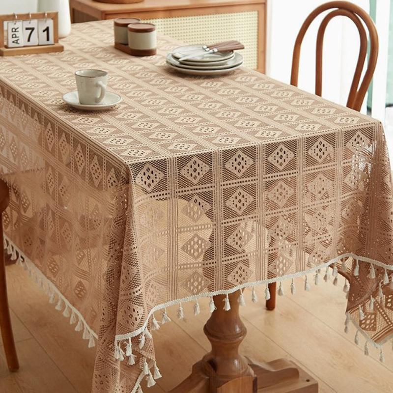 Gothic Hollow Lace Tablecloth Retro European American Rectangle Crochet Knitting Table Cloth with Tassel Home Decoration