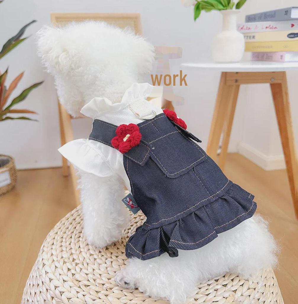 Pet Circle Floral Denim Suspender Dress for Small & Medium Dogs: Red Flower Edition