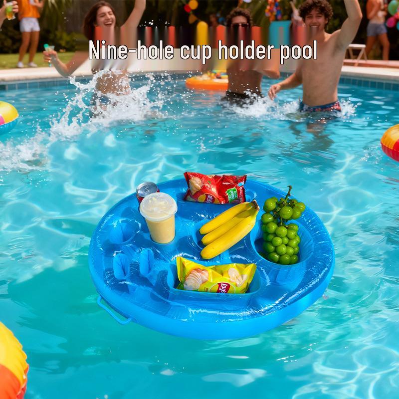 

PVC Floating Cup Holder for Hot Springs & Pool Parties – Blue Round Inflatable Plate with Nine Holes 72*53*10 cm