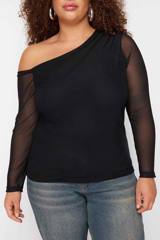 Women's Fashion Black Tulle Lined Asymmetrical Collar Knitted Blouse