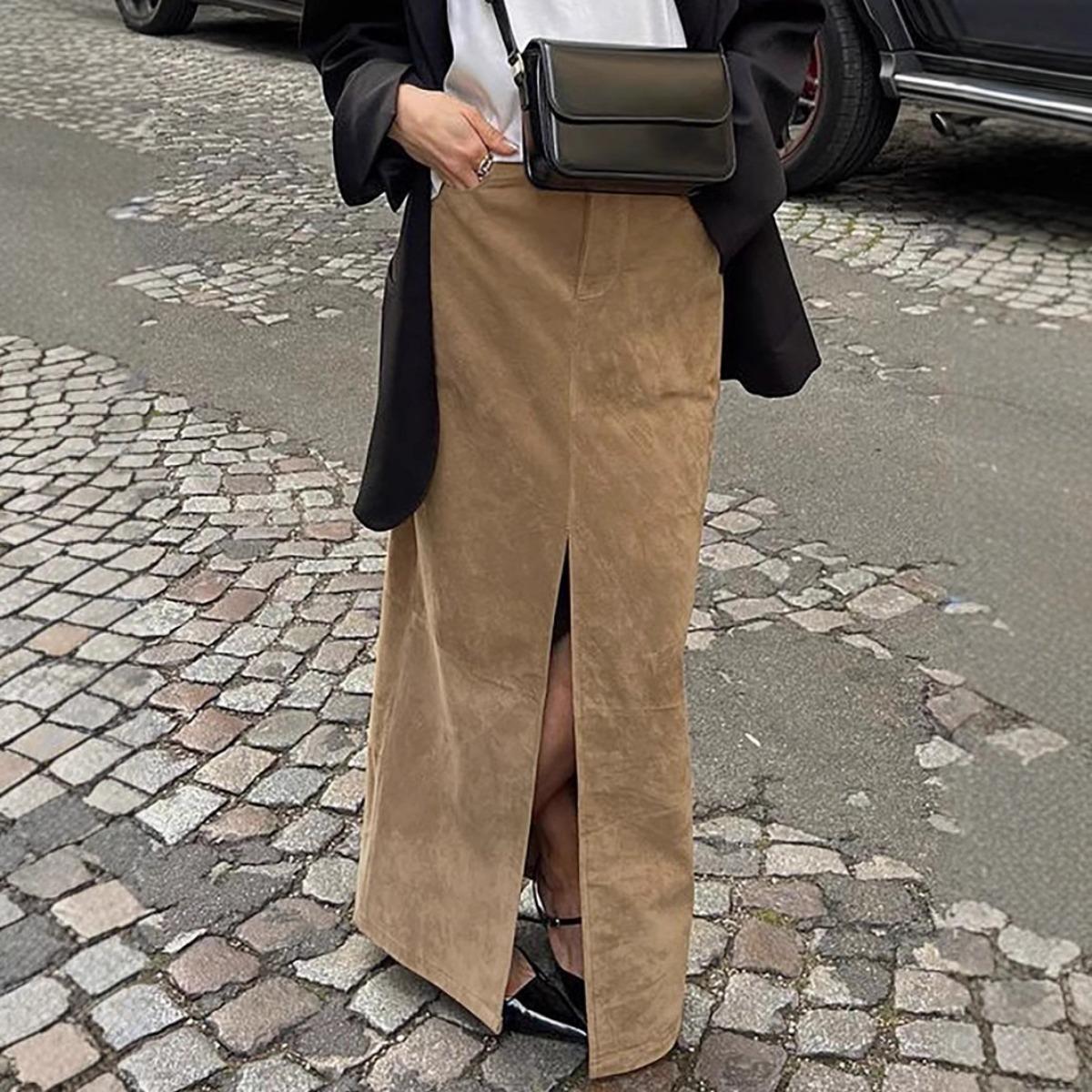 

2026 Fall Winter Women s Vintage Suede High Waist Split Straight Midi Skirt, Casual Commute Solid Khaki Elegant Office Skirt L коричневий