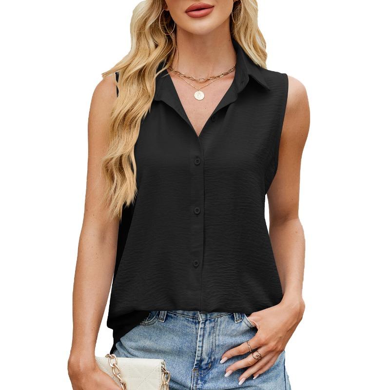 Damen Frühling und Sommer Einfarbig Revers Knopf Weste Chiffon Top